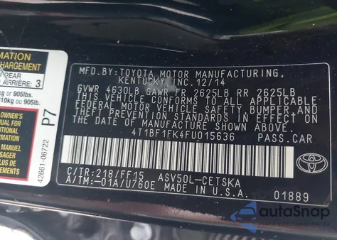 2015 Toyota Camry Se z USA, uszkodzony, nr VIN 4T1BF1FK4FU015636